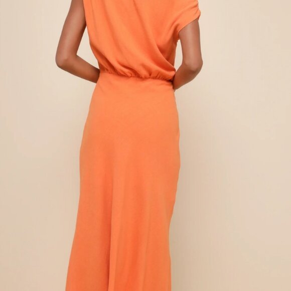 Lulus Casual Enchantment Orange Linen Off-the-shoulder Midi Dress - Size M - Picture 3 of 6